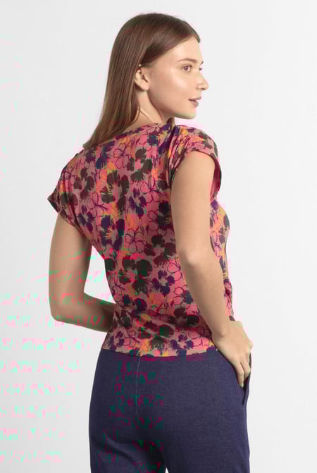 Womens Floral Print Wrap Ruffle Sleeve Top
