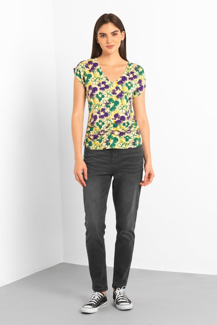 Womens Floral Print Wrap Ruffle Sleeve Top