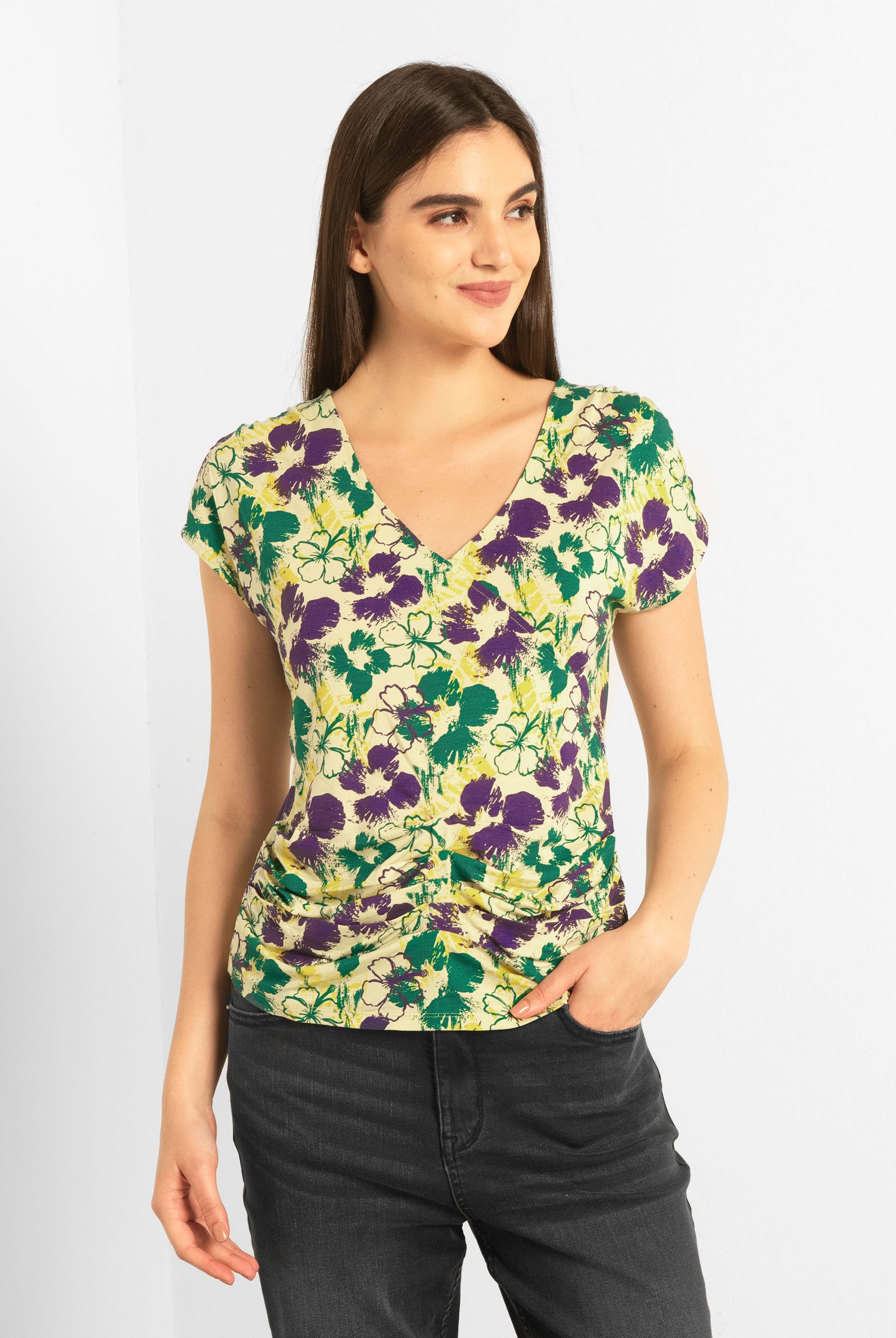 Womens Floral Print Wrap Ruffle Sleeve Top