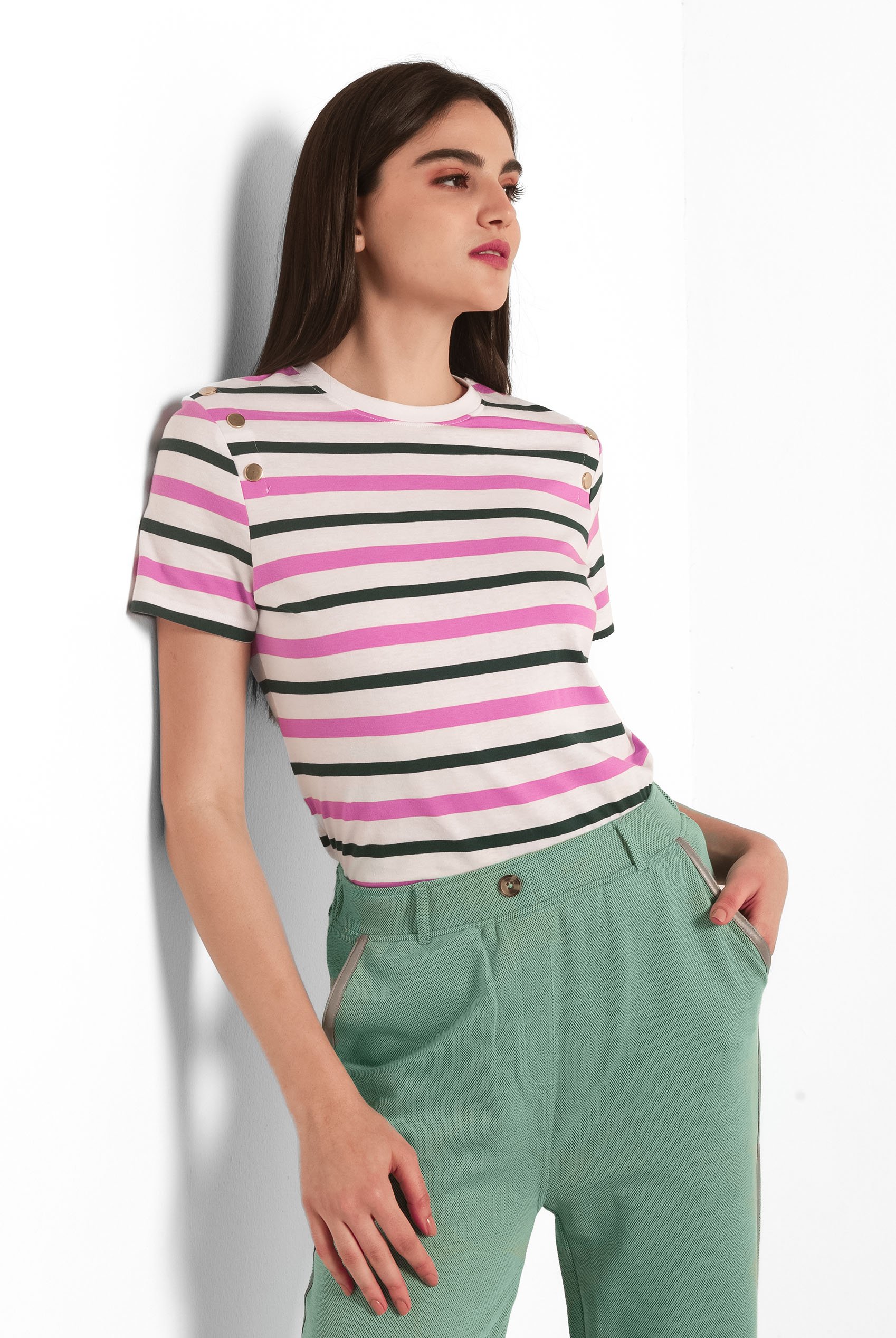 Womens Button Details Stripe T-Shirt