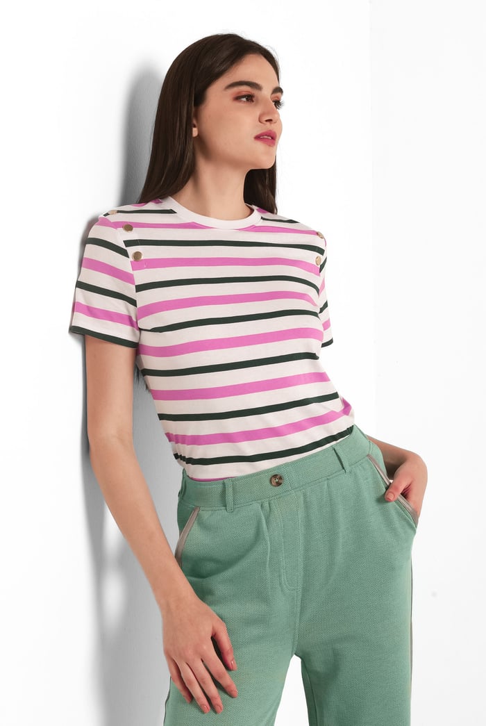 Womens Button Details Stripe T-Shirt