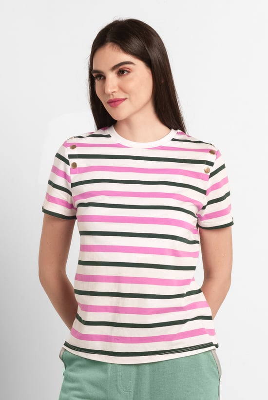 Womens Button Details Stripe T-Shirt