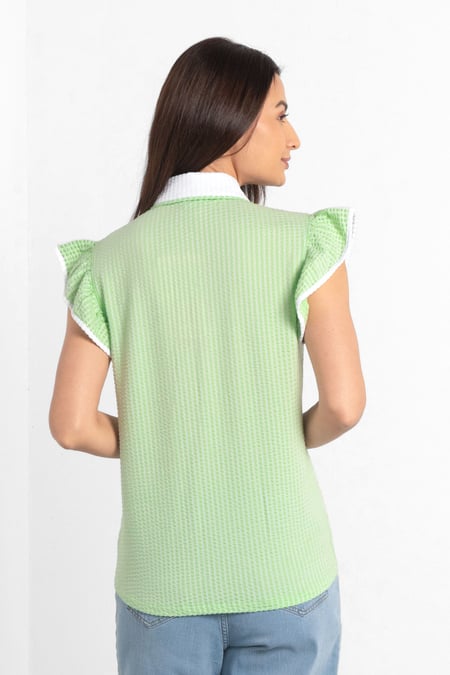 Womens Green Contrast Trimmed Flutter Sleeve Blouse