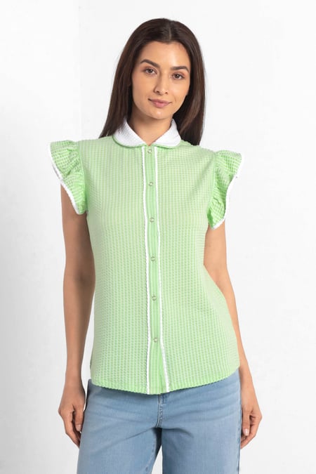 Womens Green Contrast Trimmed Flutter Sleeve Blouse