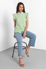 Womens Contrast Trimmed Flutter Sleeve Blouse