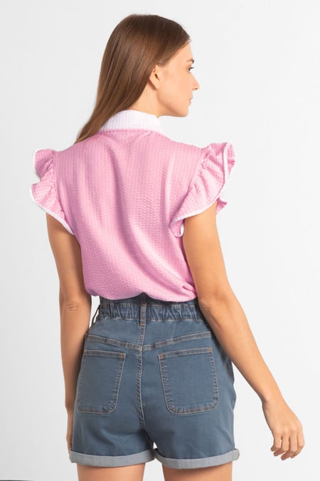 Womens Pink Contrast Trimmed Flutter Sleeve Blouse