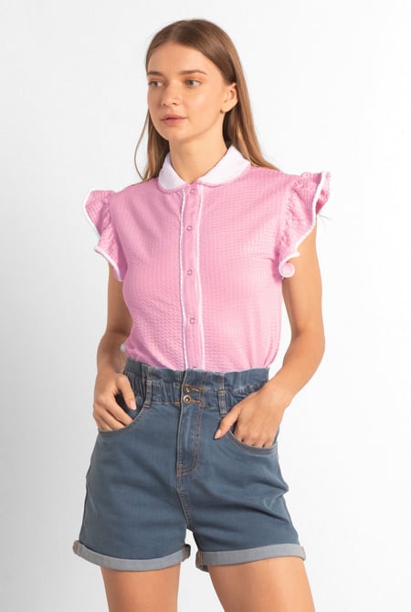 Womens Pink Contrast Trimmed Flutter Sleeve Blouse