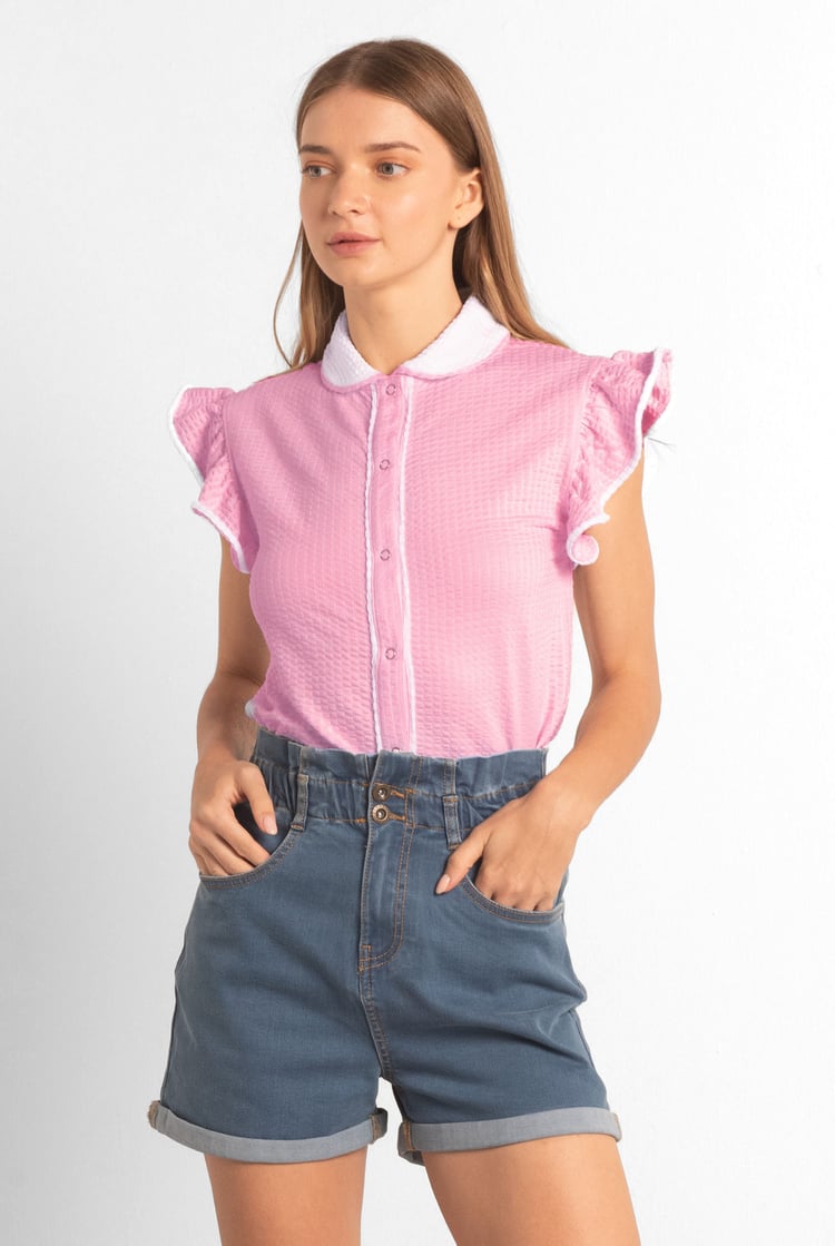 Womens Contrast Trimmed Flutter Sleeve Blouse