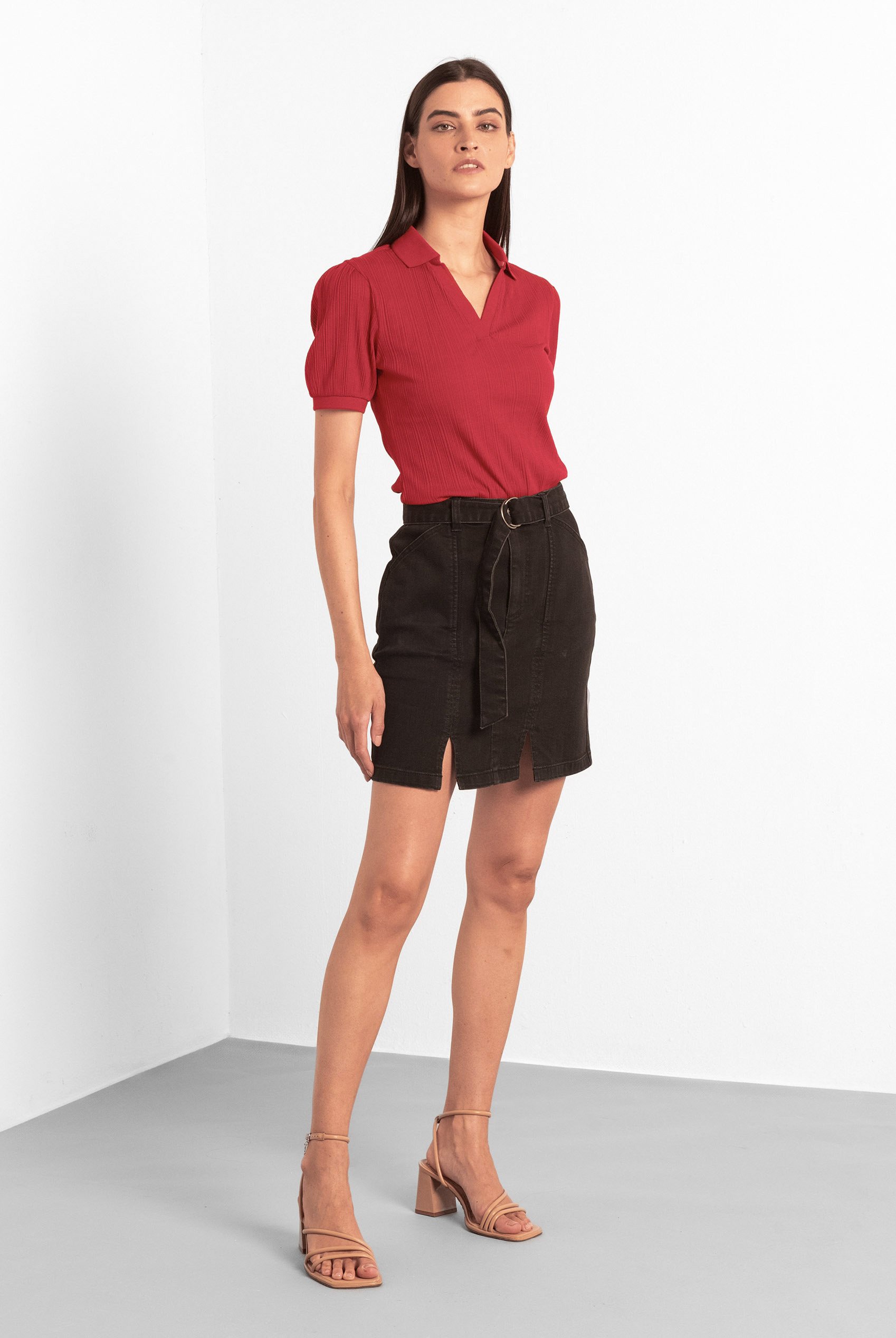 Womens Puff Sleeve V-Neck Polo Shirt