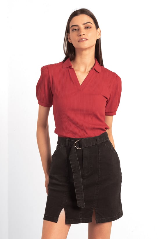 Womens Puff Sleeve V-Neck Polo Shirt