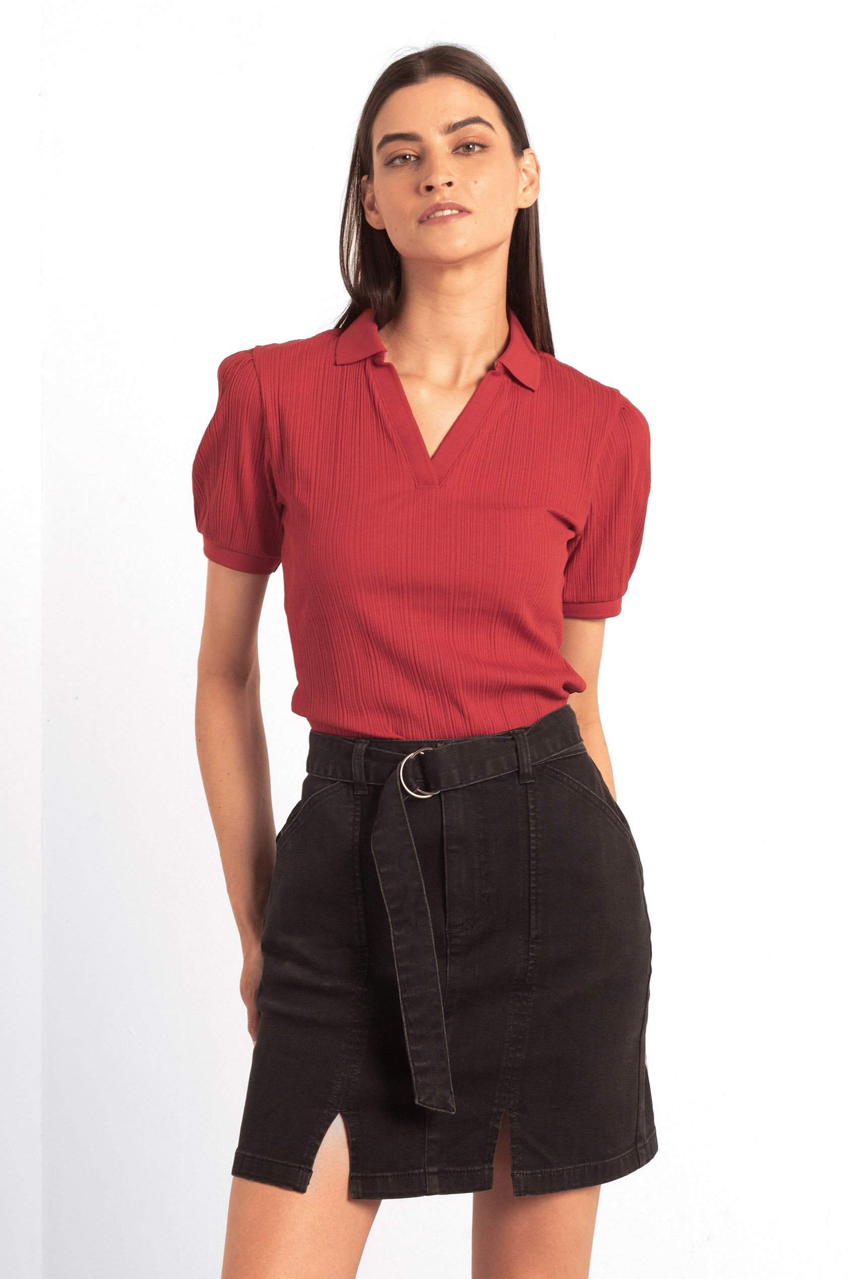 Womens Puff Sleeve V-Neck Polo Shirt