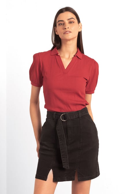 Womens Red Puff Sleeve V-Neck Polo Shirt