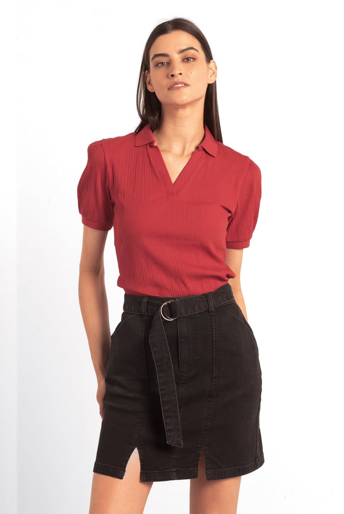 Womens Puff Sleeve V-Neck Polo Shirt
