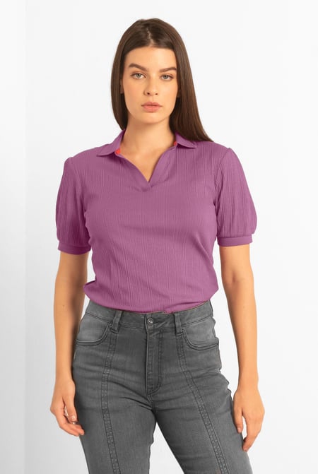 Womens Red Puff Sleeve V-Neck Polo Shirt