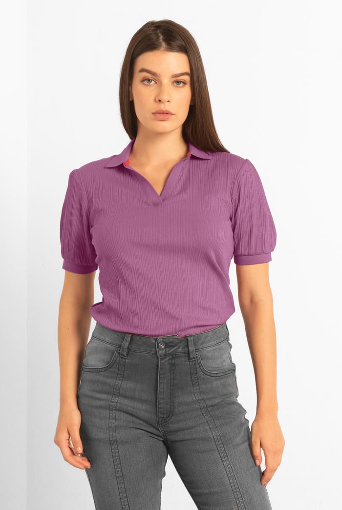 Womens Puff Sleeve V-Neck Polo Shirt