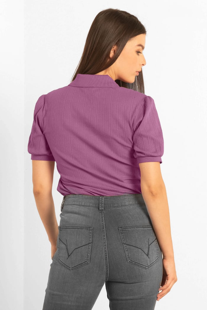 Womens Puff Sleeve V-Neck Polo Shirt