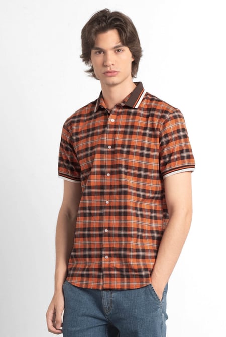 Mens Orange Short Sleeve Shirt With Rib Collar