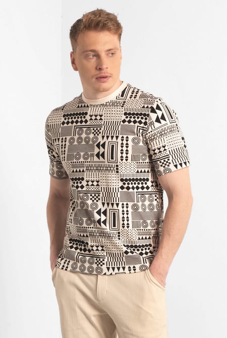 Mens Cream Geometric Printed T-Shirt