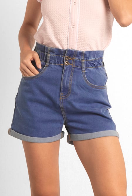 Deep Blue Paperbag Waist Mom Fit Shorts