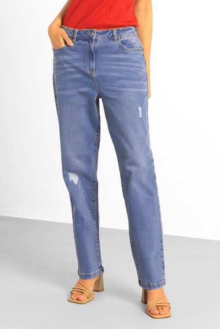 Blue Straight Fit High Rise Ripped Jeans