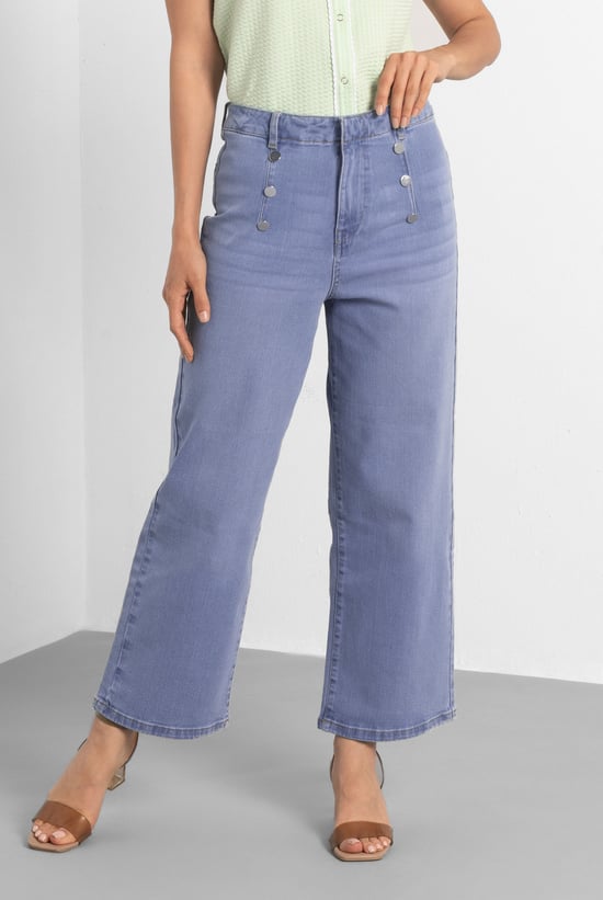 Decorative Button Cropped Wide Leg Jeans