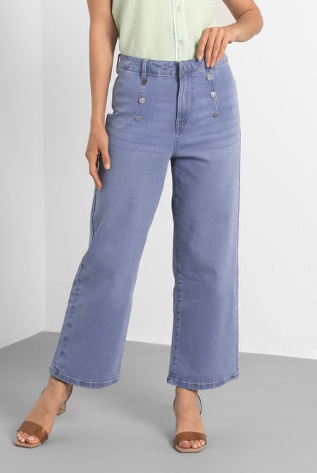 Sky Decorative Button Cropped Wide Leg Jeans