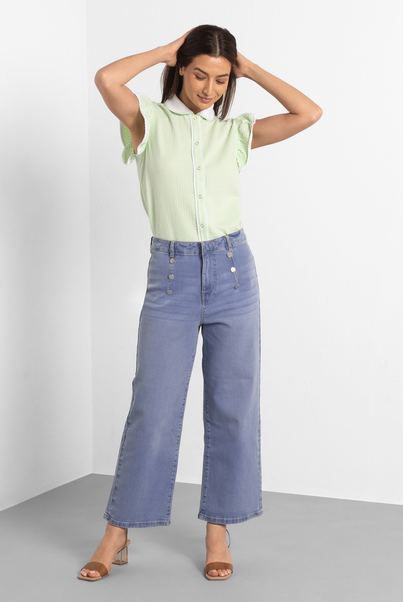 Decorative Button Cropped Wide Leg Jeans