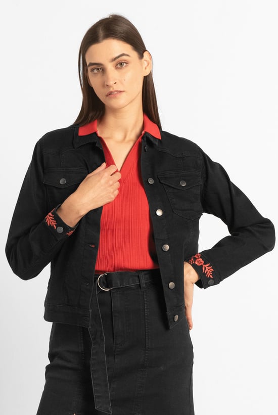 Classic Black Denim Jacket With Sleeve Embroidery