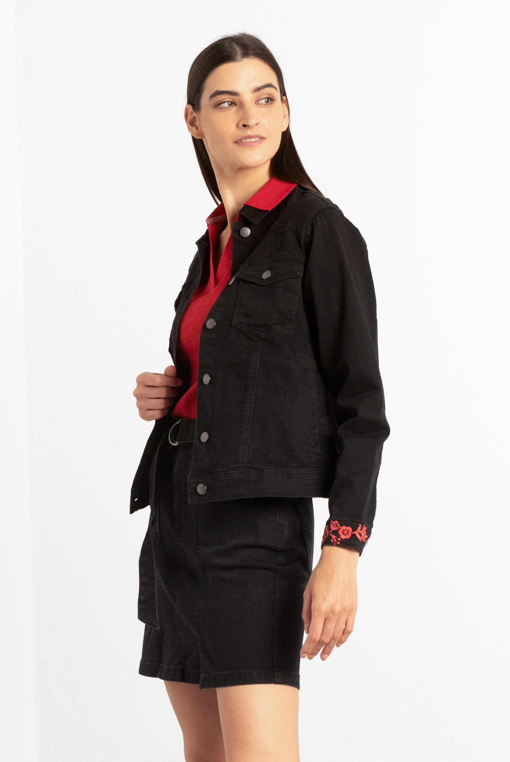 Classic Black Denim Jacket With Sleeve Embroidery