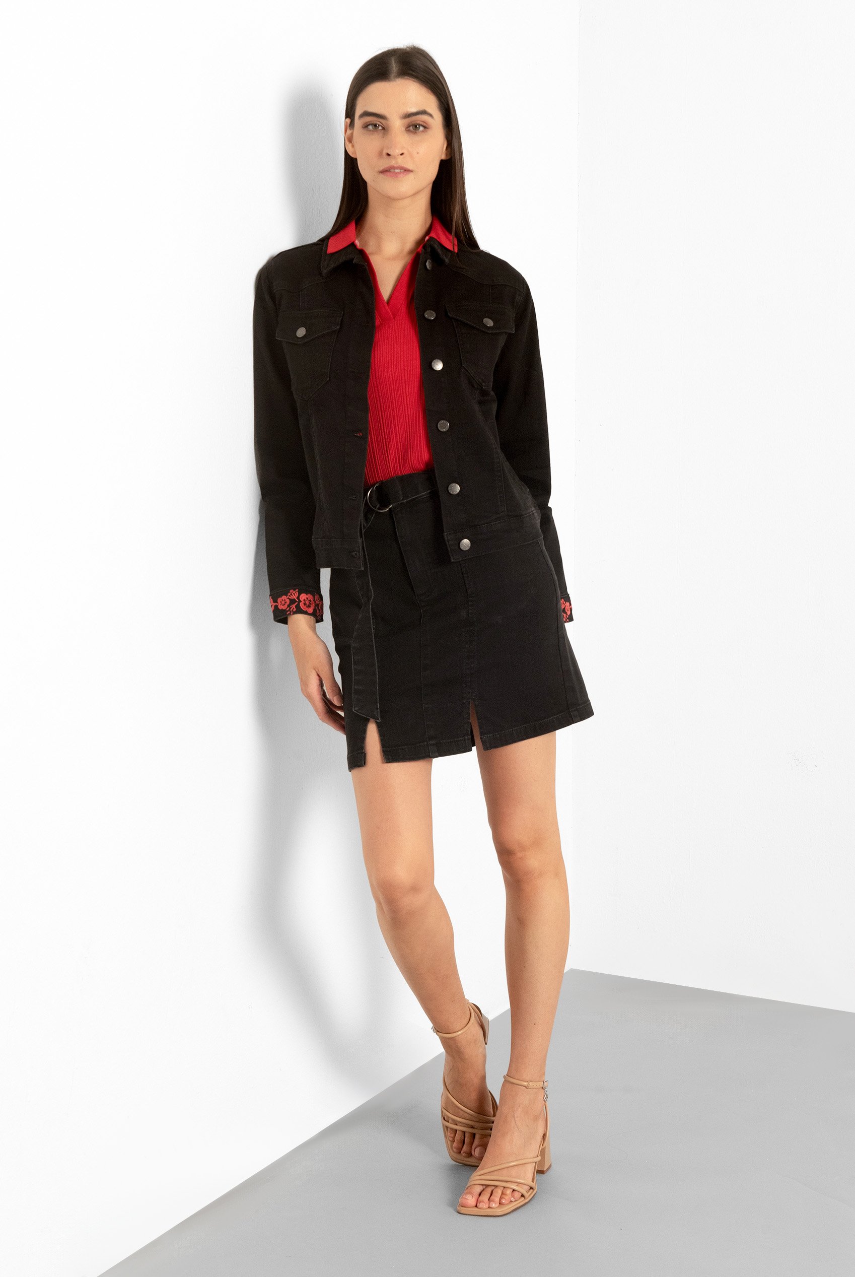 Classic Black Denim Jacket With Sleeve Embroidery
