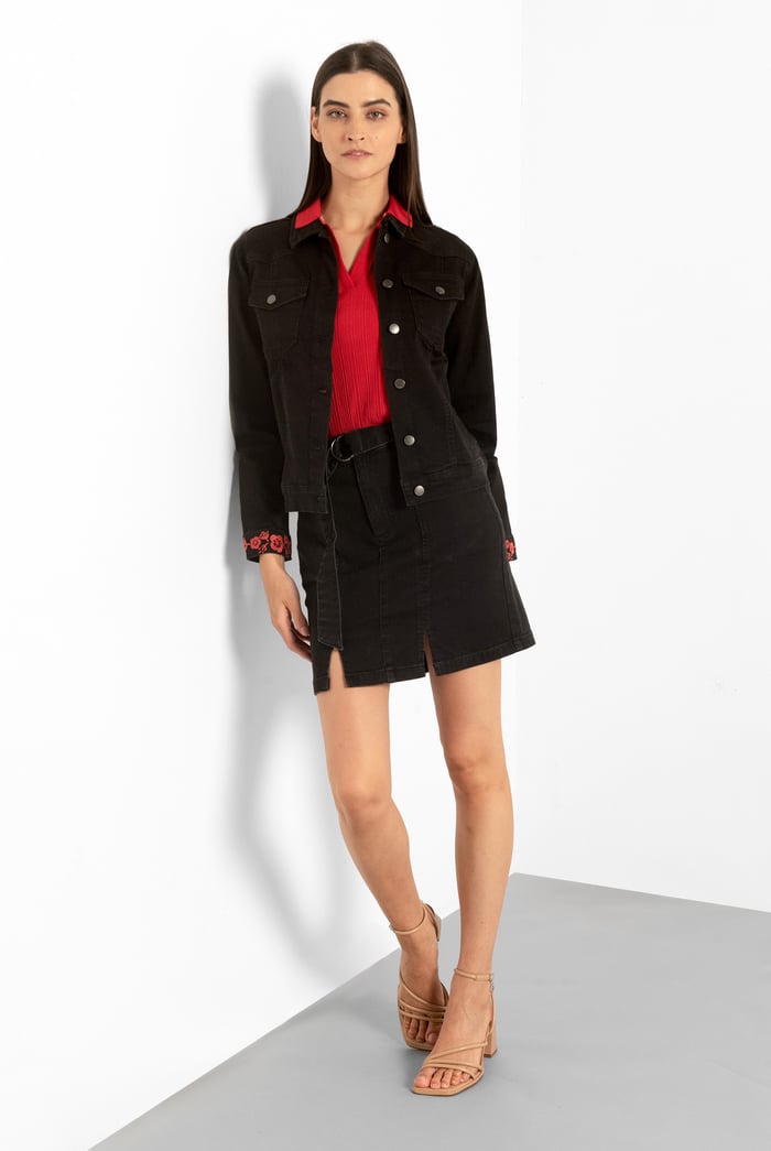 Classic Black Denim Jacket With Sleeve Embroidery