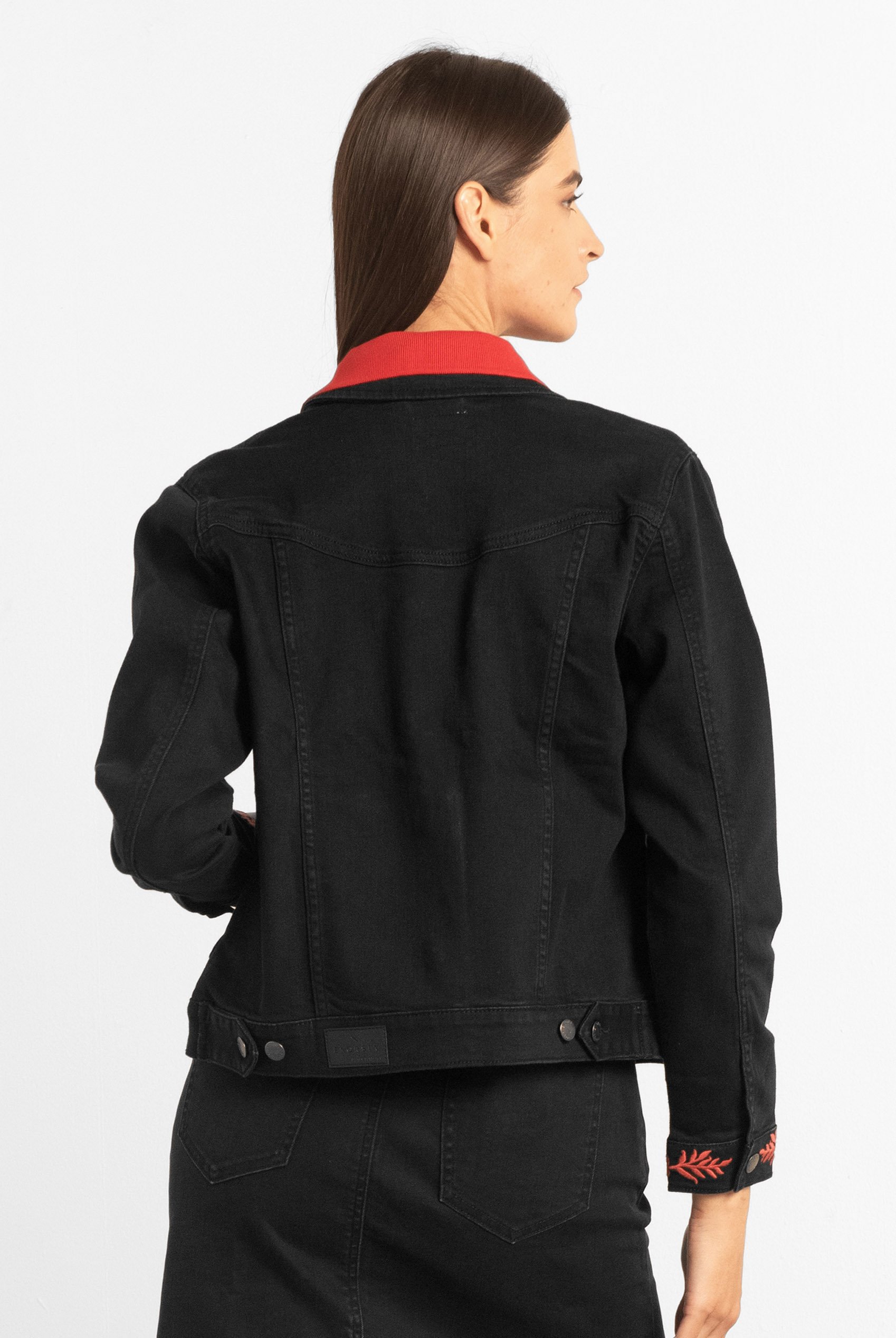 Classic Black Denim Jacket With Sleeve Embroidery