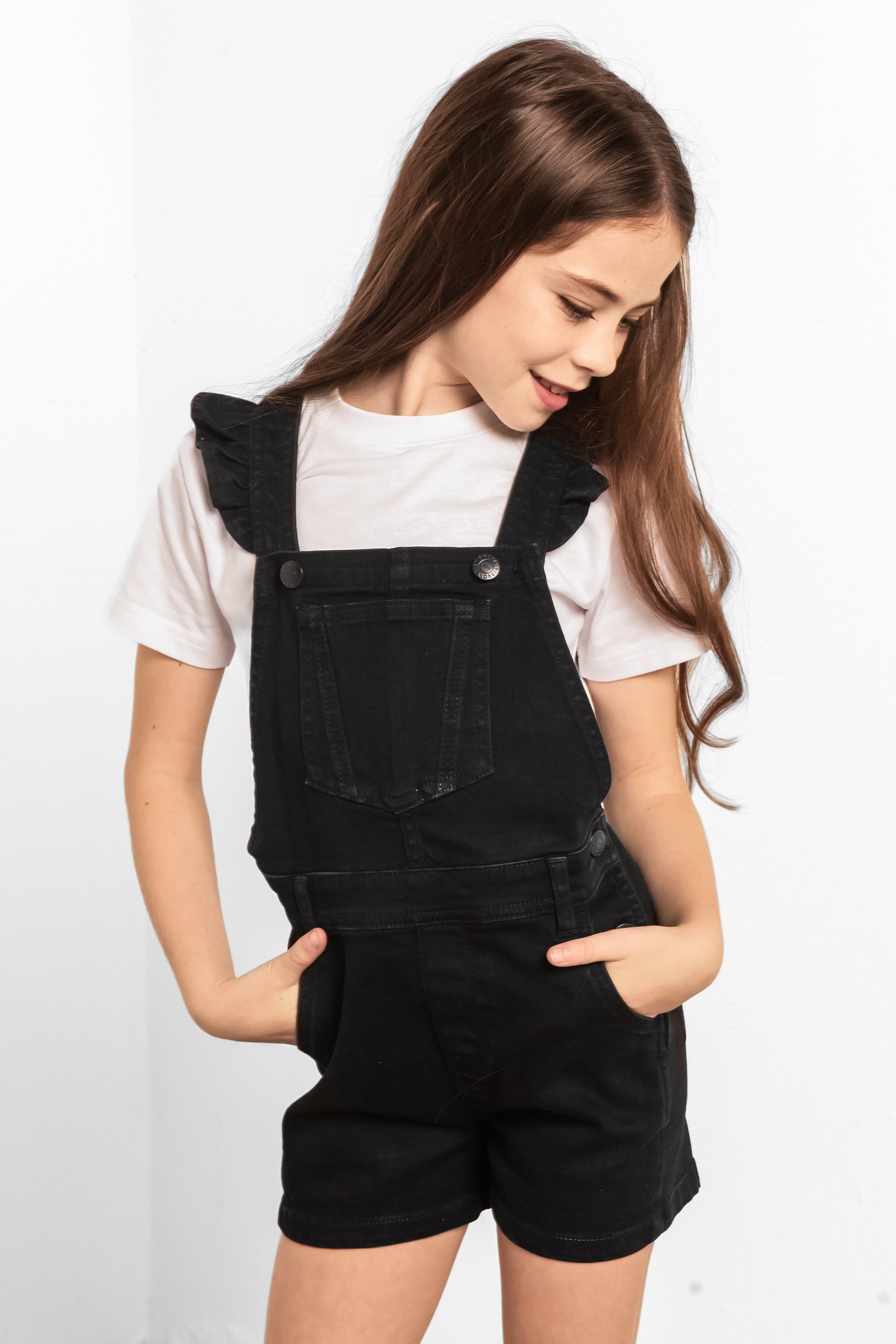 Girls Denim Ruffle Sleeve Short Dungarees(2/3yrs-8/9yrs)