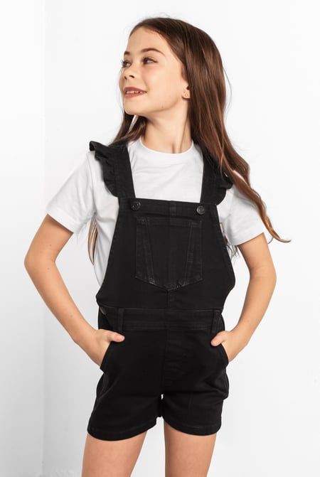 Girls Black Denim Ruffle Sleeve Short Dungarees(2/3yrs-8/9yrs)