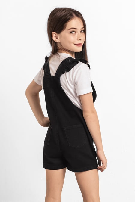 Girls Black Denim Ruffle Sleeve Short Dungarees(2/3yrs-8/9yrs)