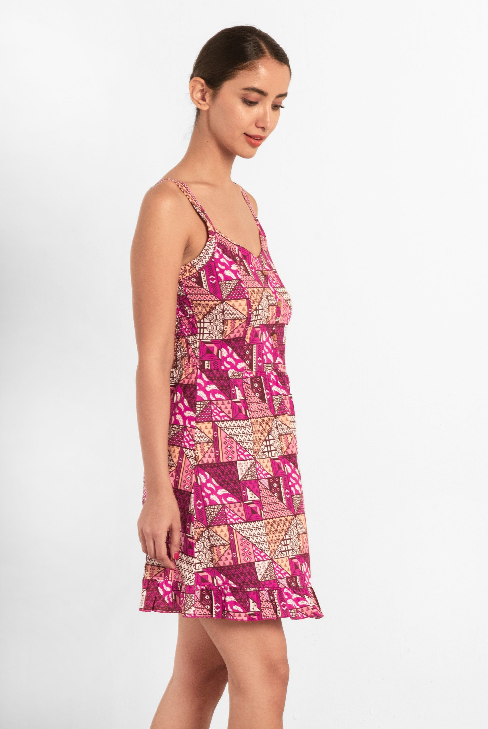 Frill Hem Smocked Back Printed Mini Dress