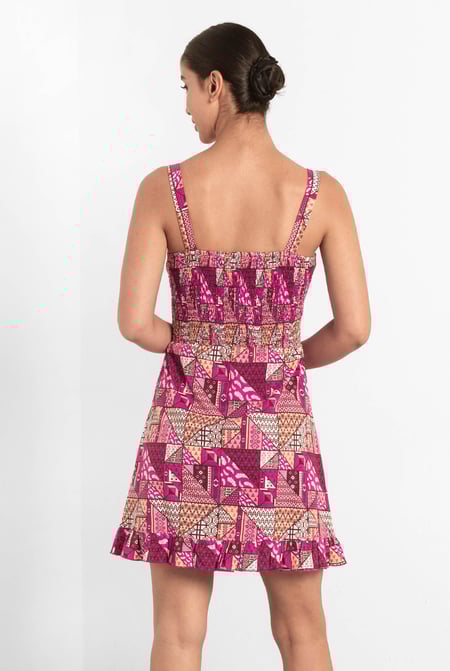 Red Frill Hem Smocked Back Printed Mini Dress
