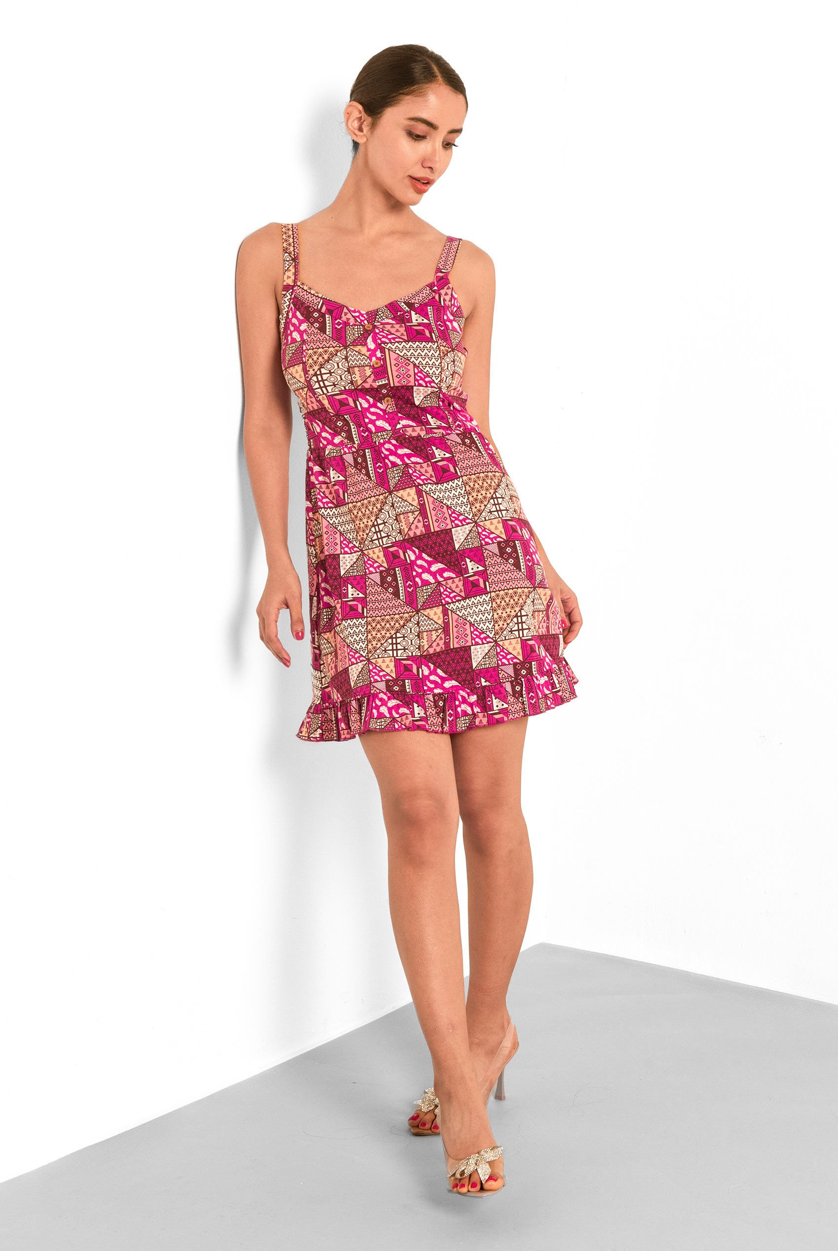 Frill Hem Smocked Back Printed Mini Dress
