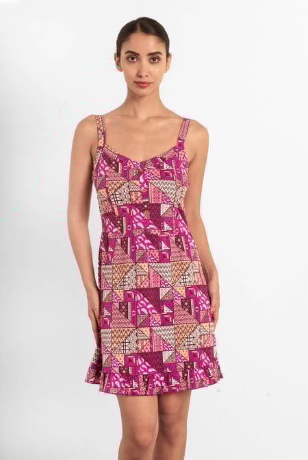 Red Frill Hem Smocked Back Printed Mini Dress