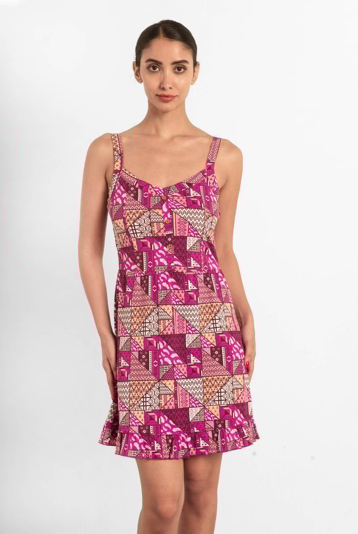 Frill Hem Smocked Back Printed Mini Dress