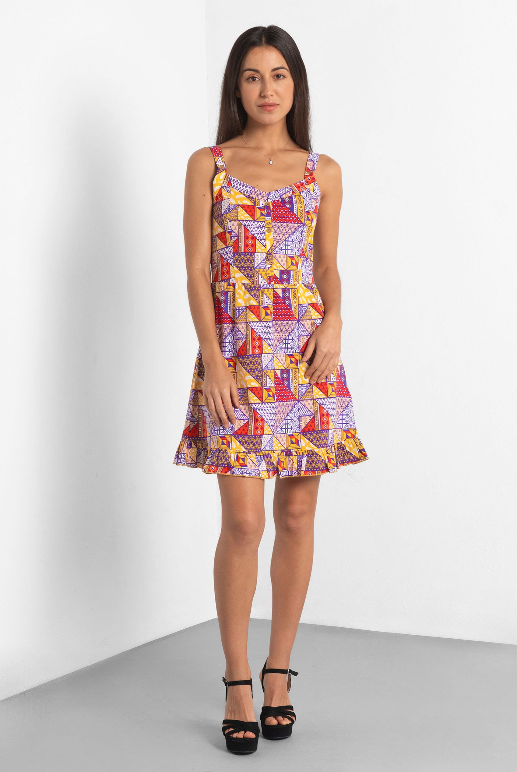 Frill Hem Smocked Back Printed Mini Dress