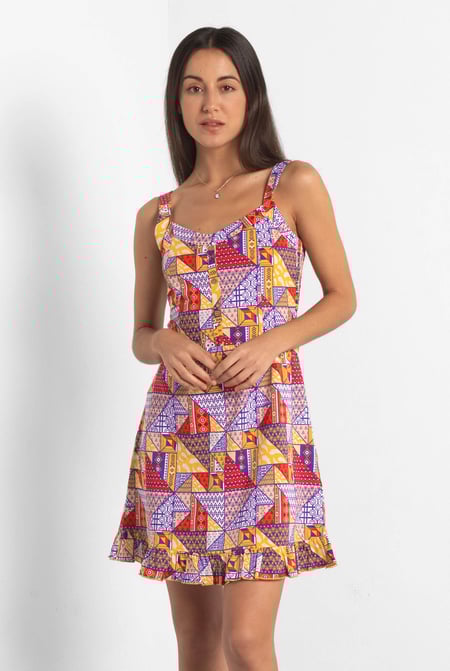 Red Frill Hem Smocked Back Printed Mini Dress