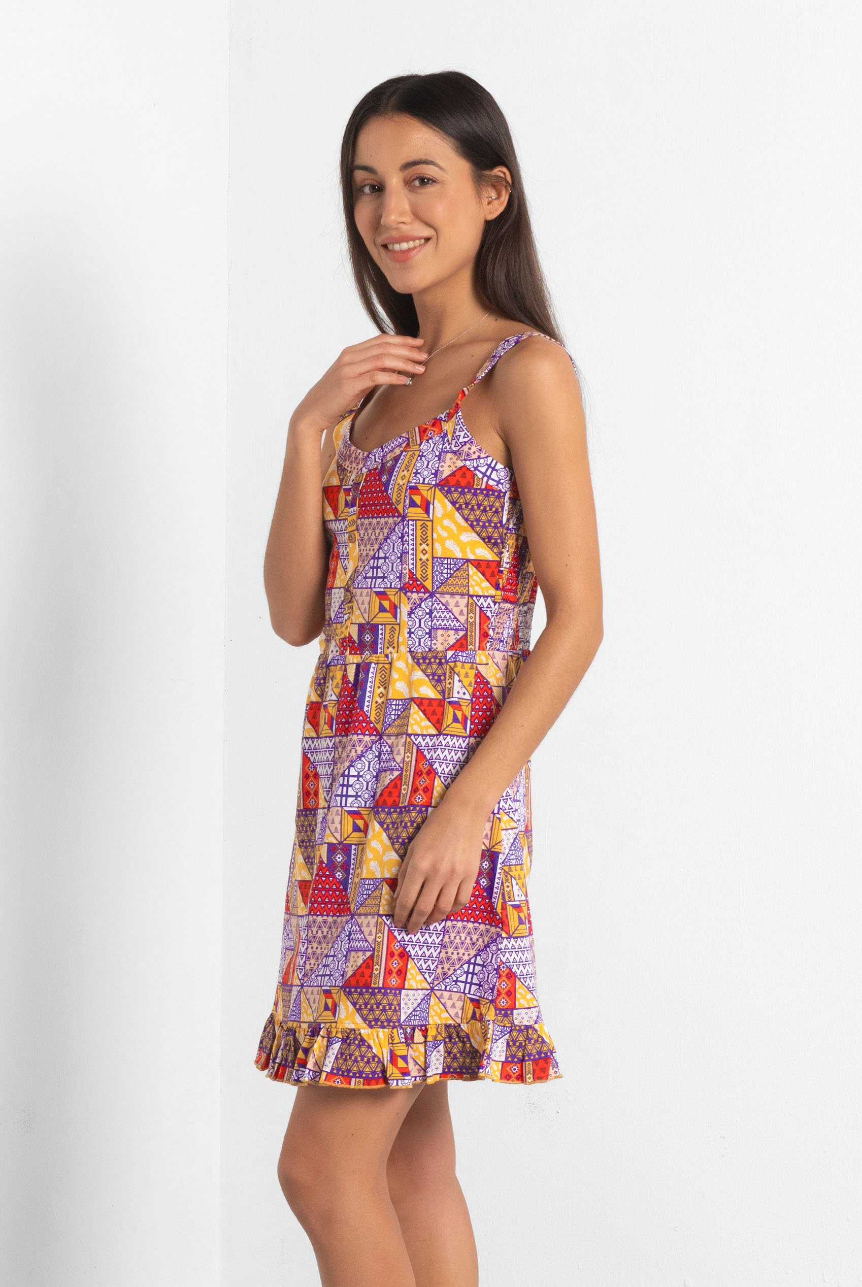 Frill Hem Smocked Back Printed Mini Dress