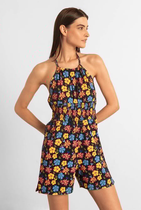 Pink Smocked Waist Floral Printed Playsuit