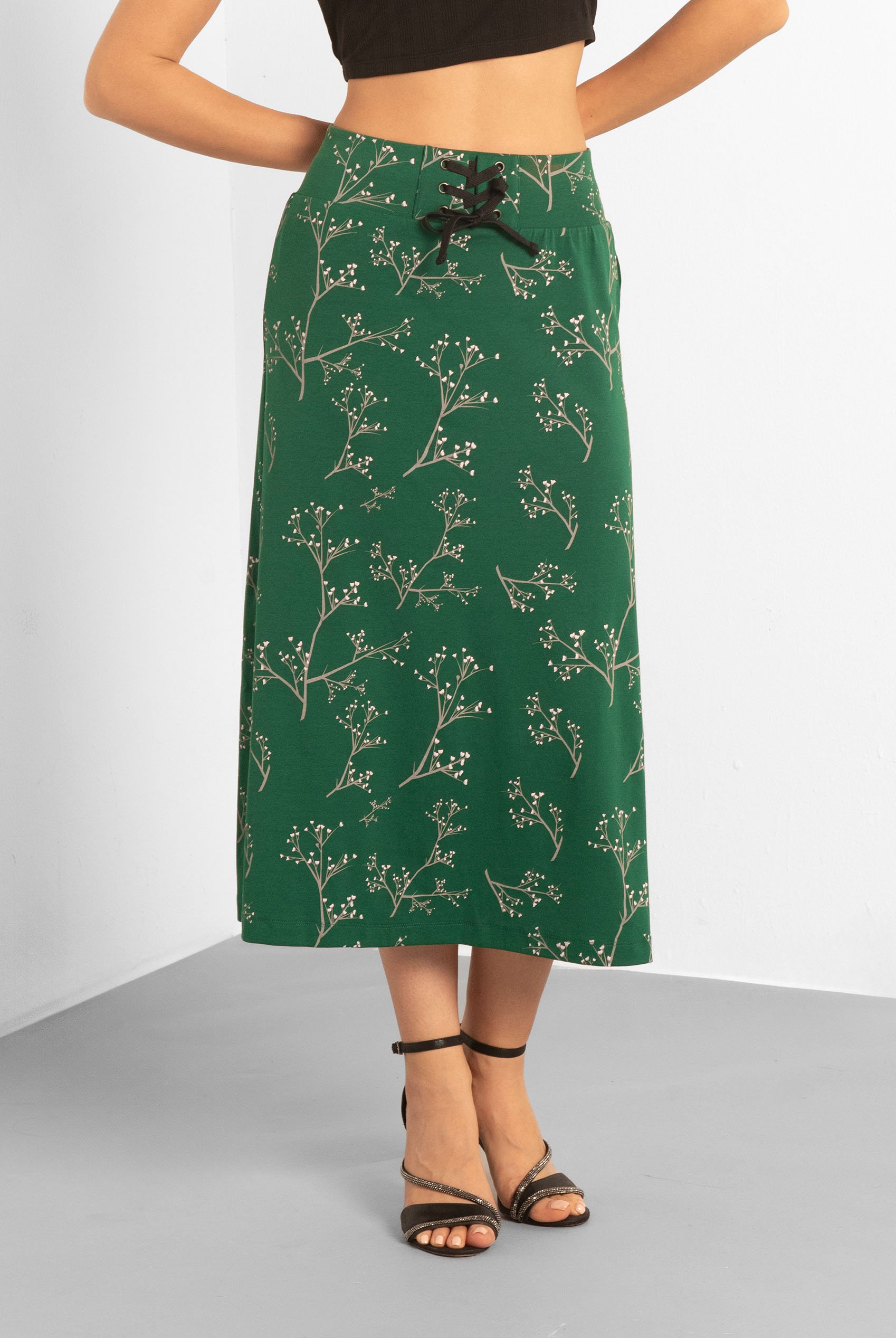 Women High Waist Lace Up A-Line Midi Skirt