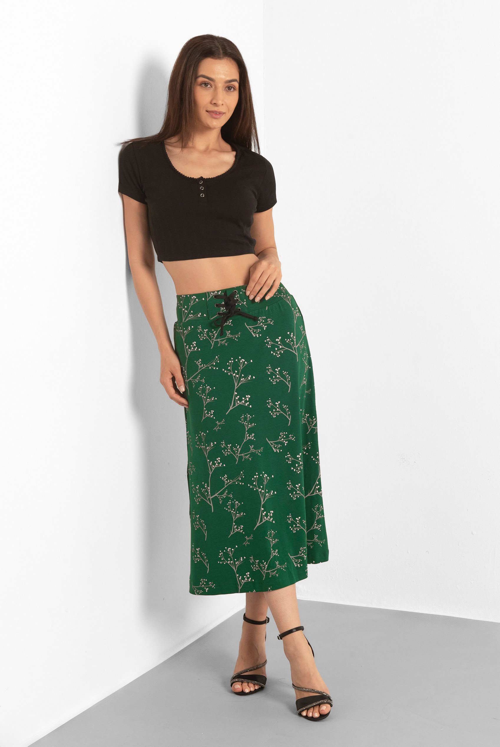 Women High Waist Lace Up A-Line Midi Skirt