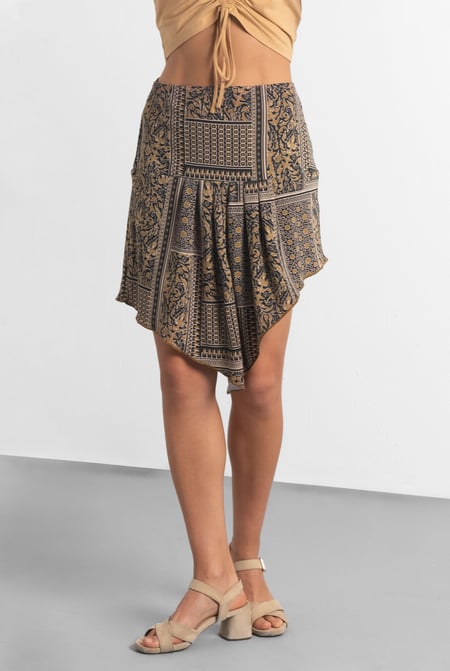 Brown Asymmetric Printed Jersey Mini Skirt
