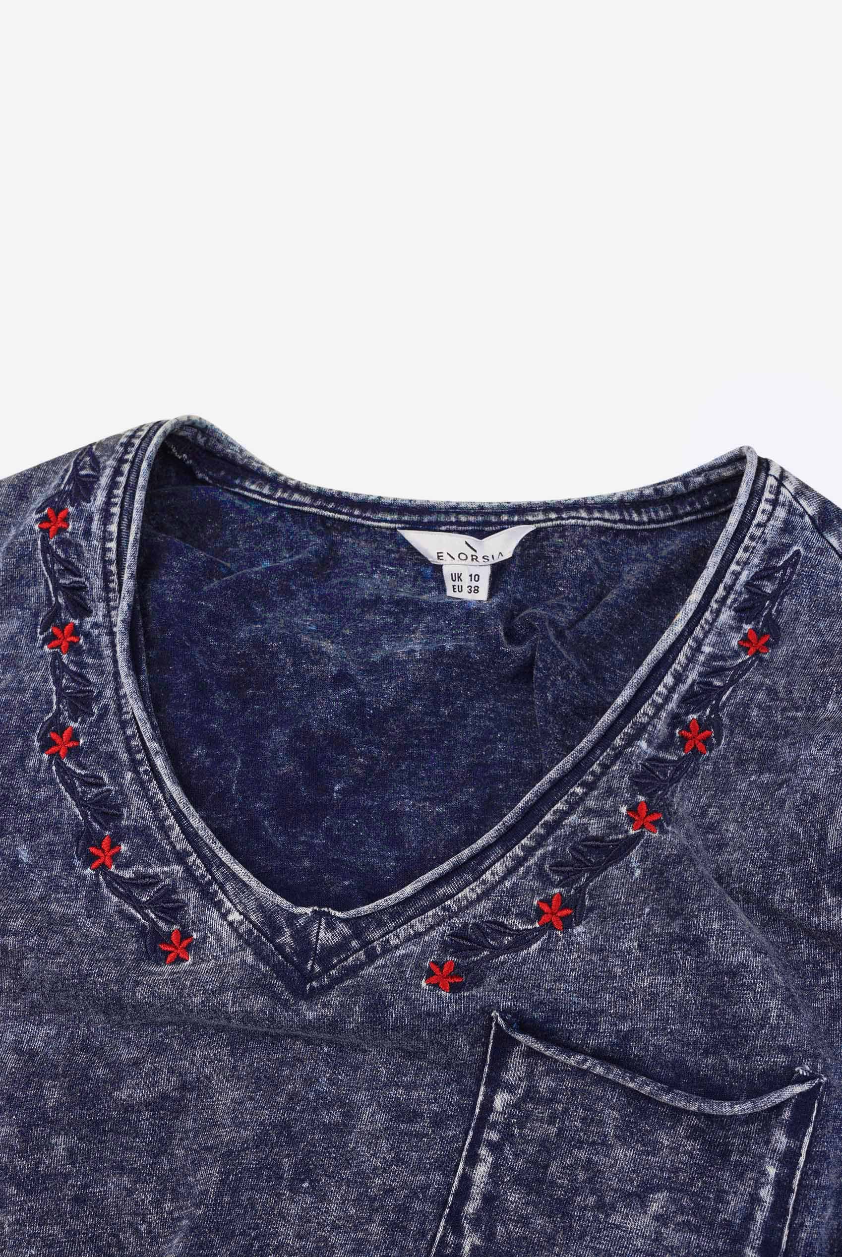 Indigo Washed Embroidered V-Neck T-shirt