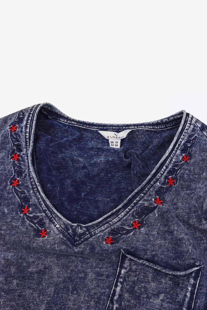 Indigo Washed Embroidered V-Neck T-shirt