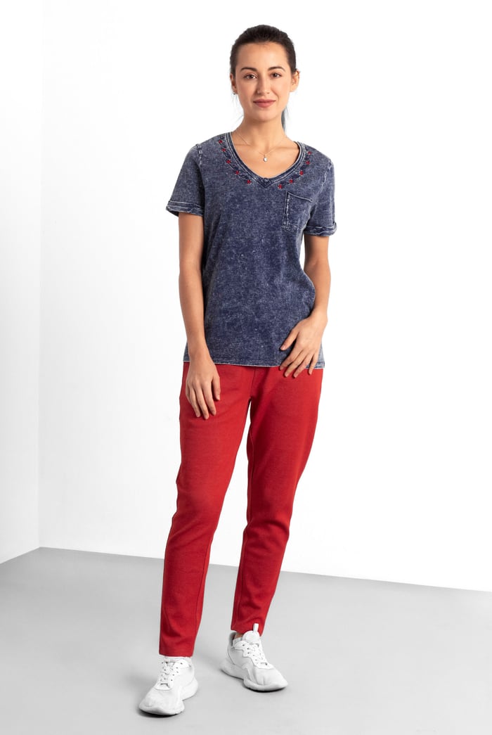 Indigo Washed Embroidered V-Neck T-shirt